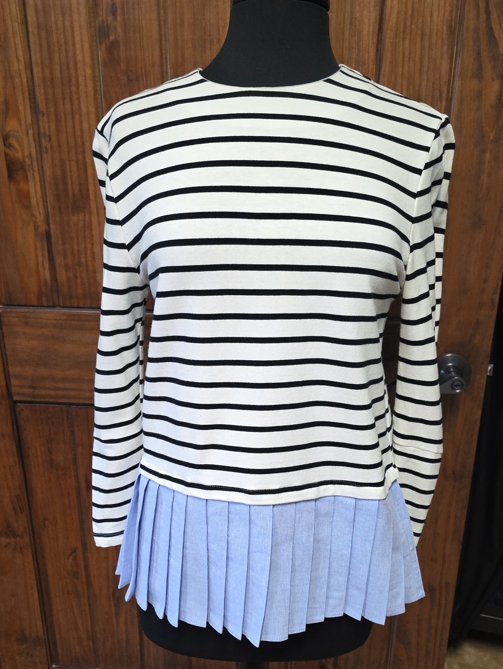 English Factory Women's Black & White Stripe Top with Light Blue Pleated Hem - S